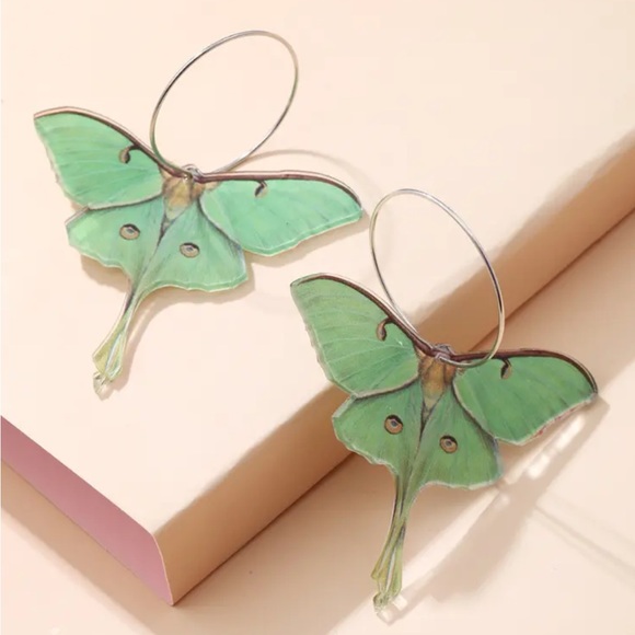 Green Luna Moth Hoop Earrings - Picture 3 of 4